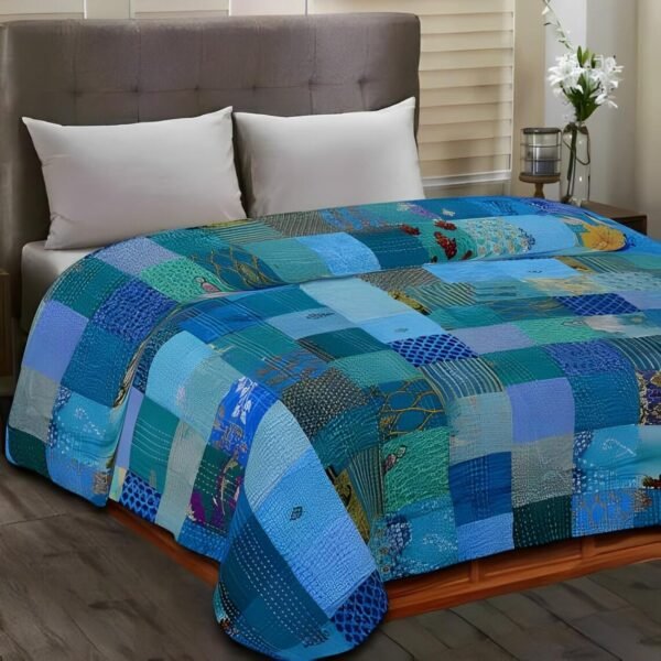 Handmade Quilt, Patchwork Silk Patola Kantha Quilt