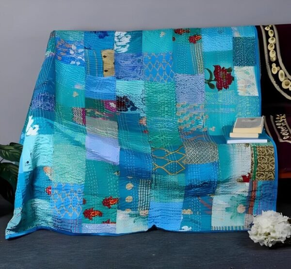 Handmade Quilt, Patchwork Silk Patola Kantha Quilt - Image 2