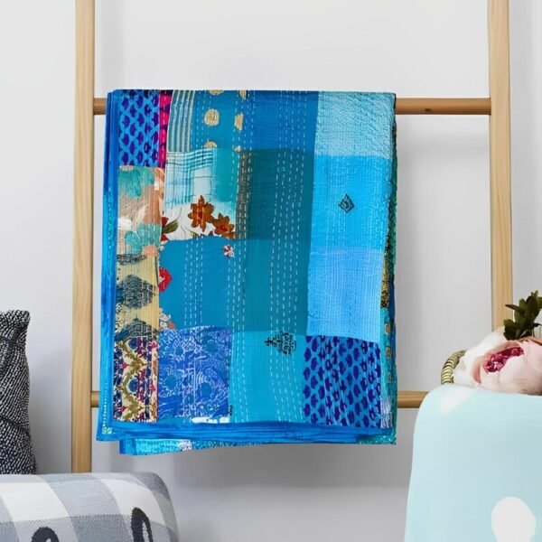 Handmade Quilt, Patchwork Silk Patola Kantha Quilt - Image 3