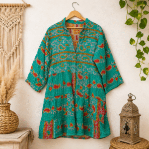 Vintage Green Kantha Gypsy Loose Fit Dress – Handmade Cotton Patchwork Boho Maxi Dress