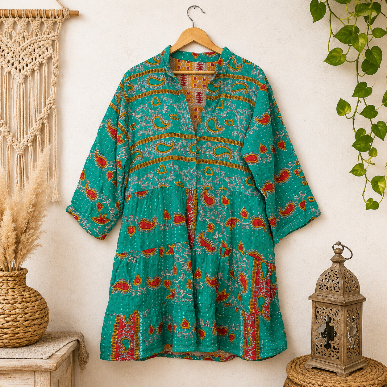 Vintage Green Kantha Gypsy Loose Fit Dress – Handmade Cotton Patchwork Boho Maxi Dress