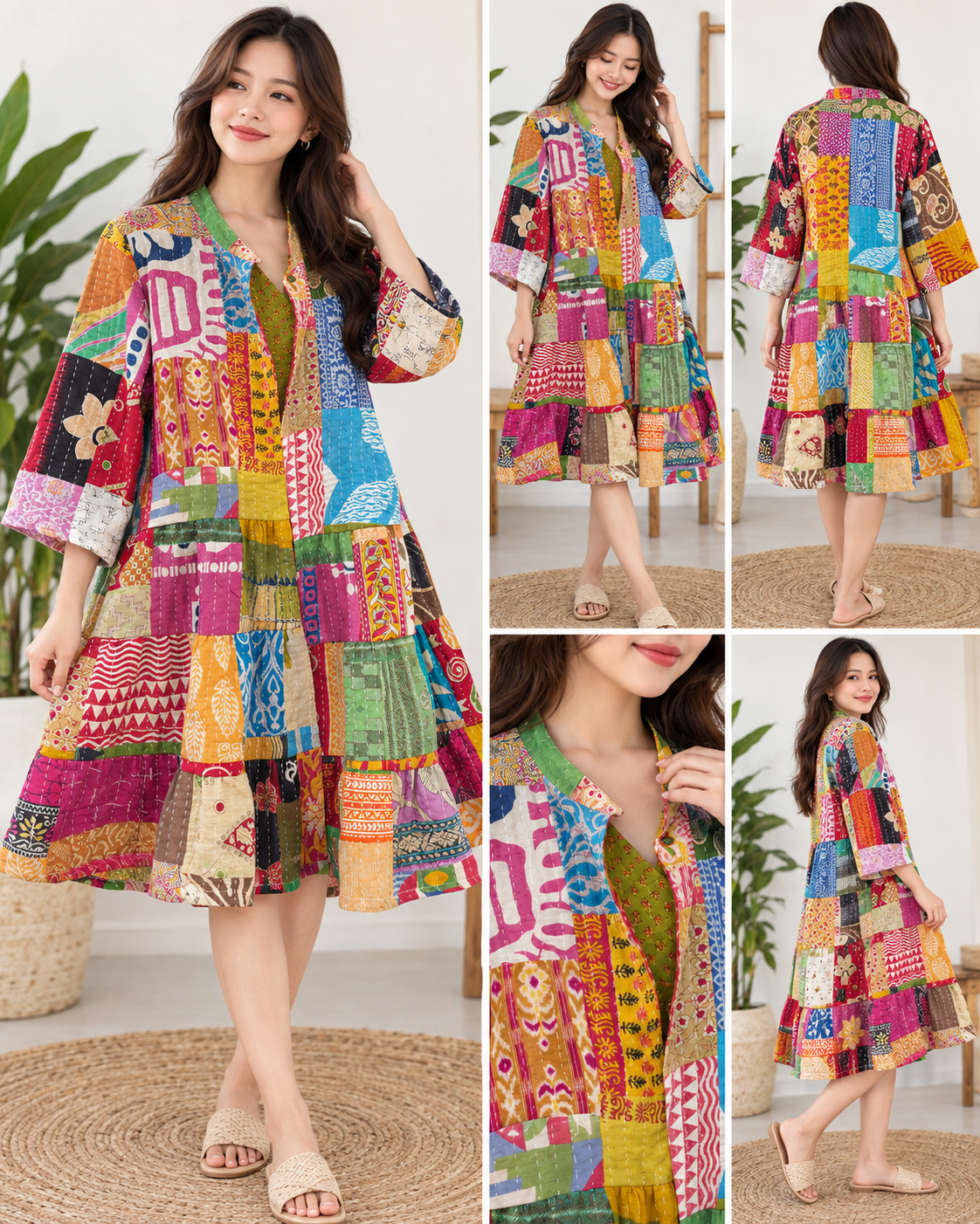 Gypsy Loose Fit Kantha Dress – Handmade Patchwork Cotton Boho Dress - Image 3