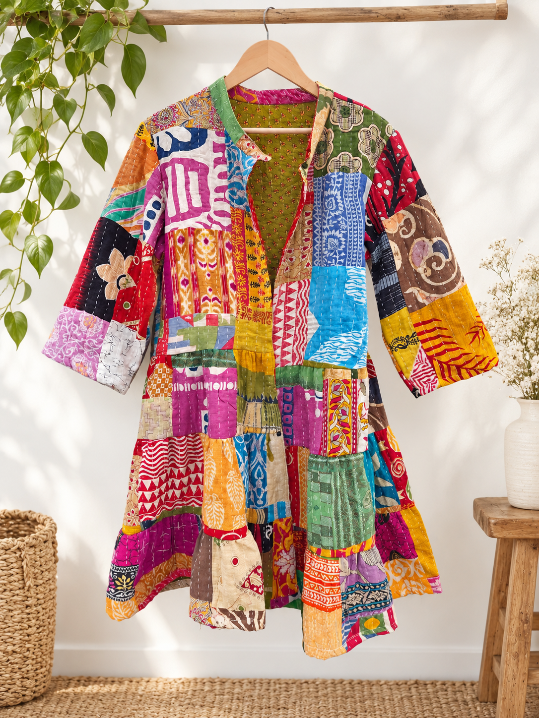 Gypsy Loose Fit Kantha Dress – Handmade Patchwork Cotton Boho Dress - Image 4