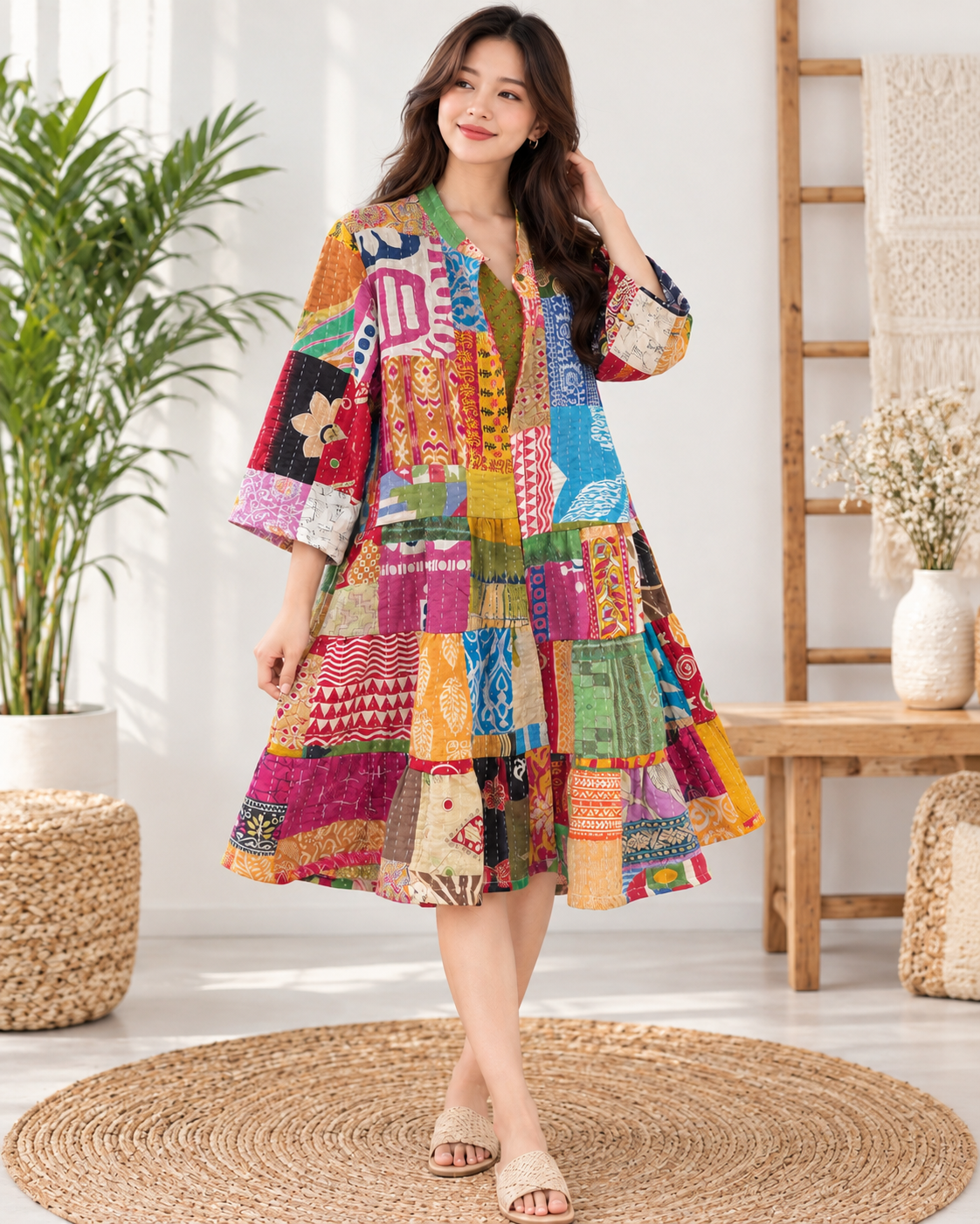 Gypsy Loose Fit Kantha Dress – Handmade Patchwork Cotton Boho Dress - Image 5