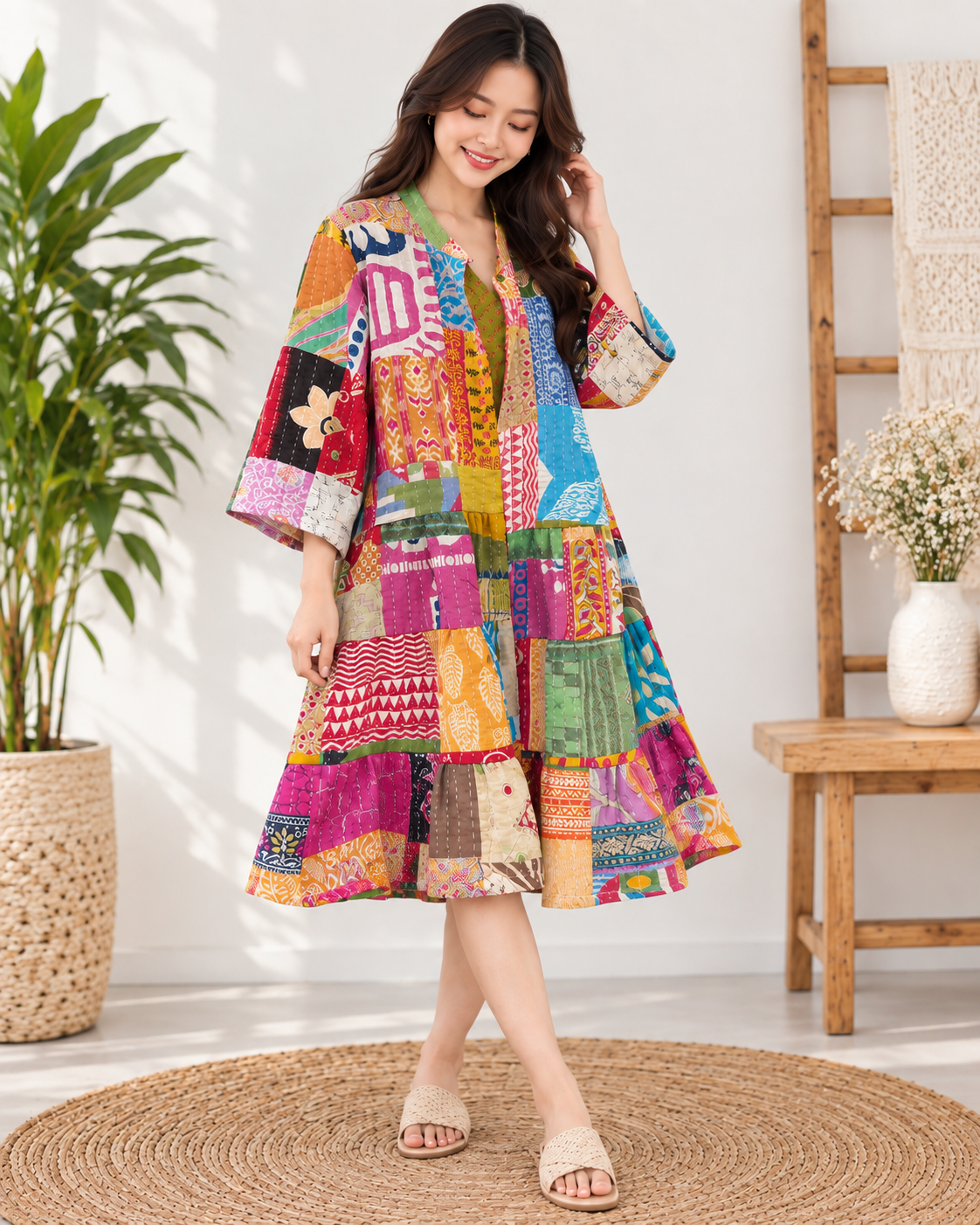 Gypsy Loose Fit Kantha Dress – Handmade Patchwork Cotton Boho Dress - Image 2
