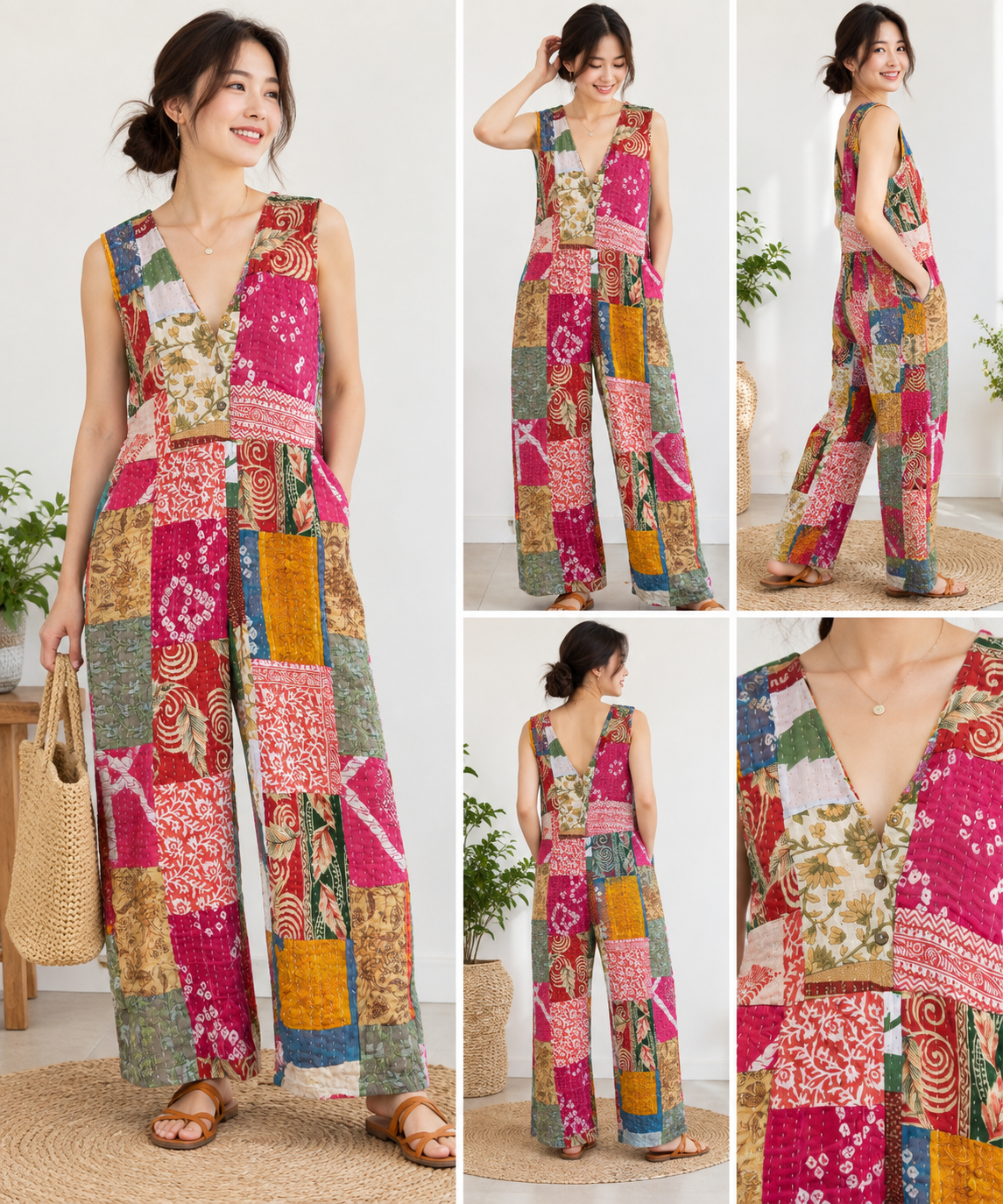 Kantha Patchwork Jumpsuit – Handmade Cotton Wide Leg Boho Jumpsuit - Image 14