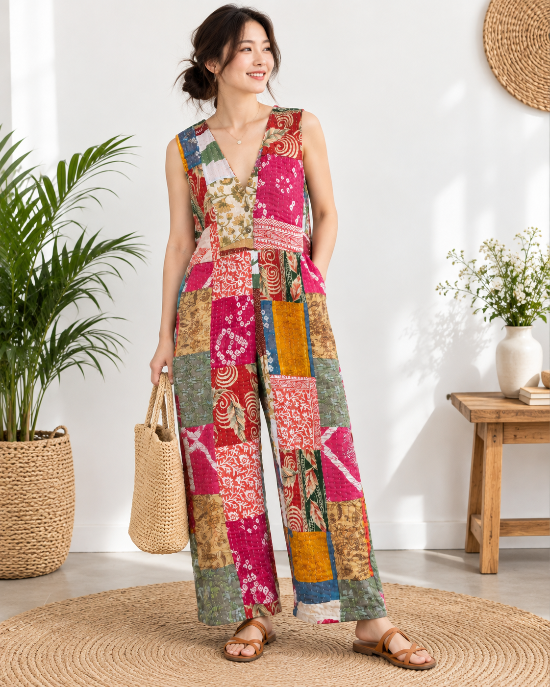 Kantha Patchwork Jumpsuit – Handmade Cotton Wide Leg Boho Jumpsuit - Image 3