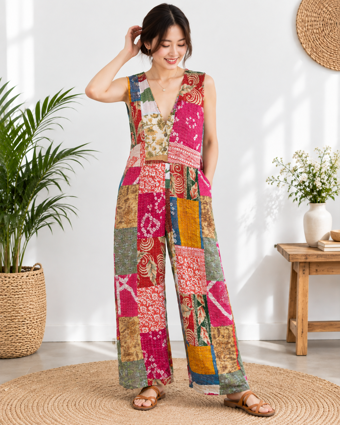 Kantha Patchwork Jumpsuit – Handmade Cotton Wide Leg Boho Jumpsuit - Image 4