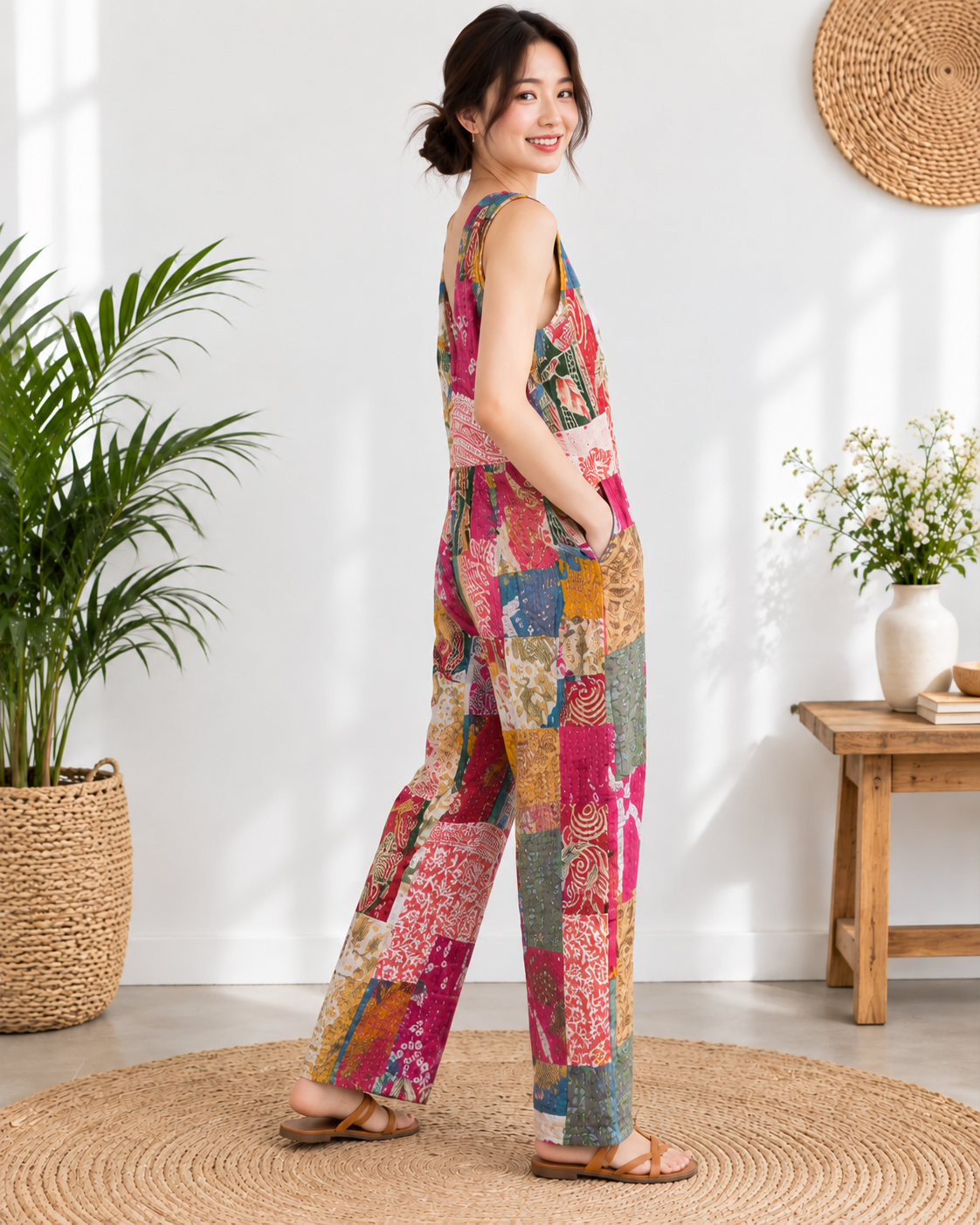 Kantha Patchwork Jumpsuit – Handmade Cotton Wide Leg Boho Jumpsuit - Image 5