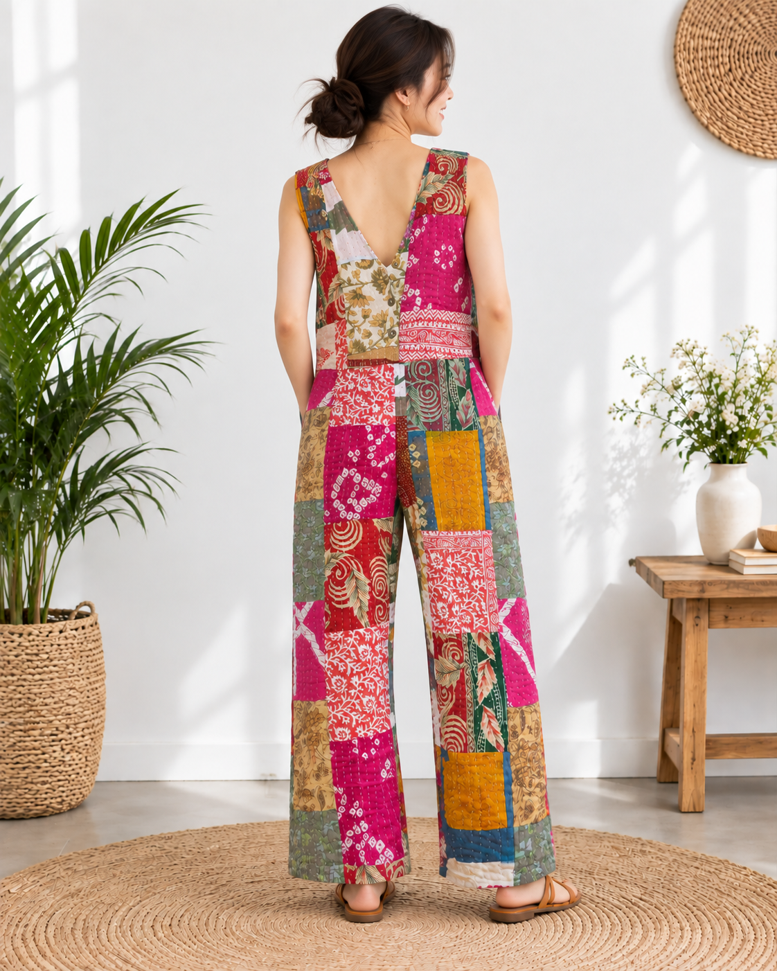Kantha Patchwork Jumpsuit – Handmade Cotton Wide Leg Boho Jumpsuit - Image 6