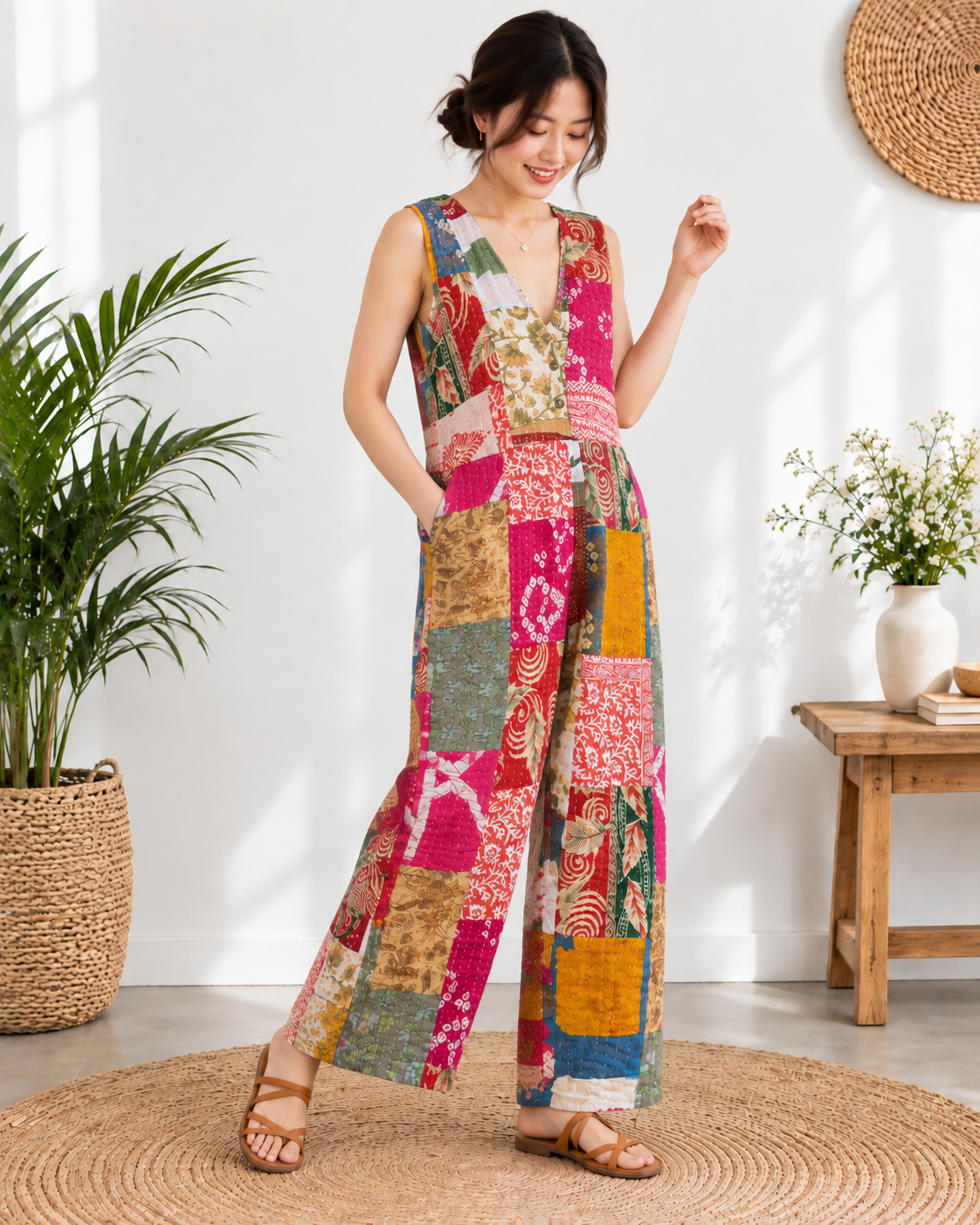 Kantha Patchwork Jumpsuit – Handmade Cotton Wide Leg Boho Jumpsuit - Image 7