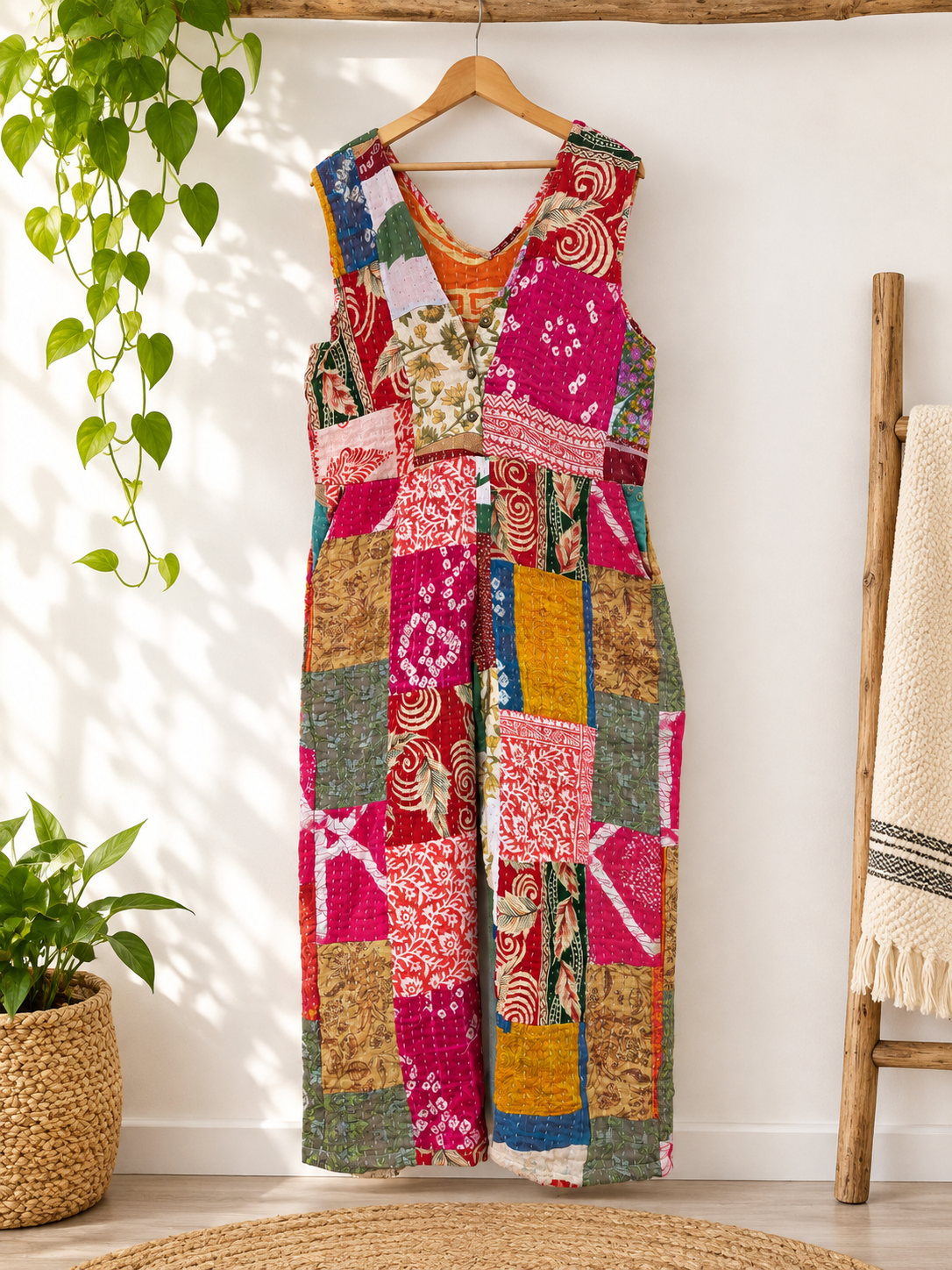 Kantha Patchwork Jumpsuit – Handmade Cotton Wide Leg Boho Jumpsuit - Image 8