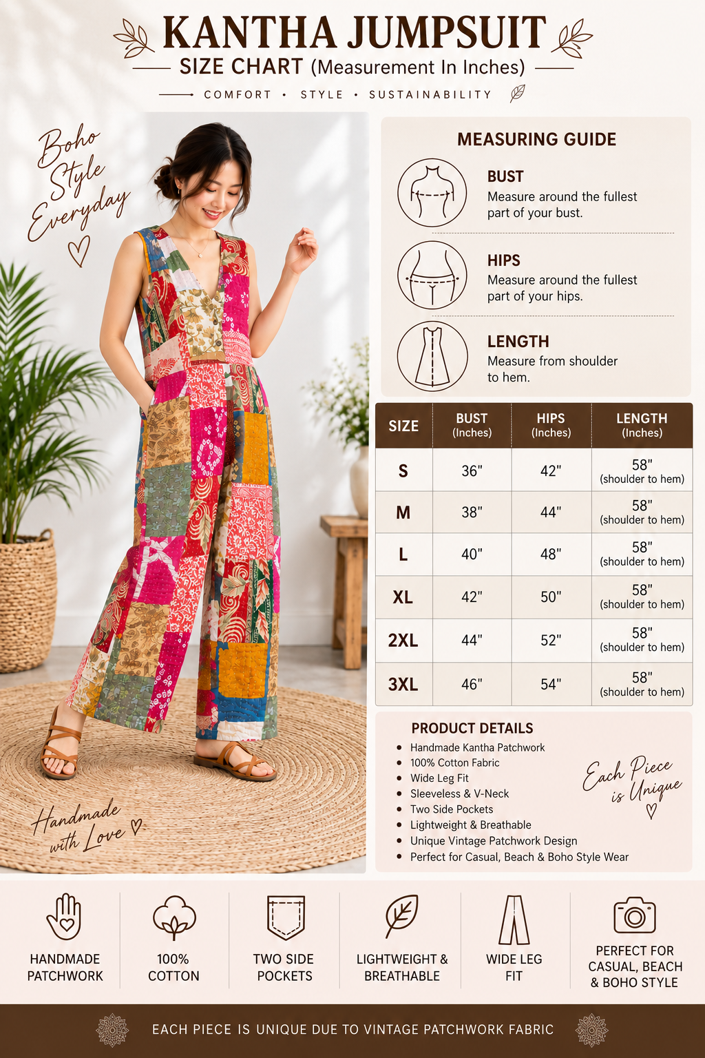 Kantha Patchwork Jumpsuit – Handmade Cotton Wide Leg Boho Jumpsuit - Image 13