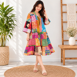 Gypsy Loose Fit Kantha Dress – Handmade Patchwork Cotton Boho Dress