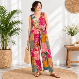 Kantha Patchwork Jumpsuit – Handmade Cotton Wide Leg Boho Jumpsuit