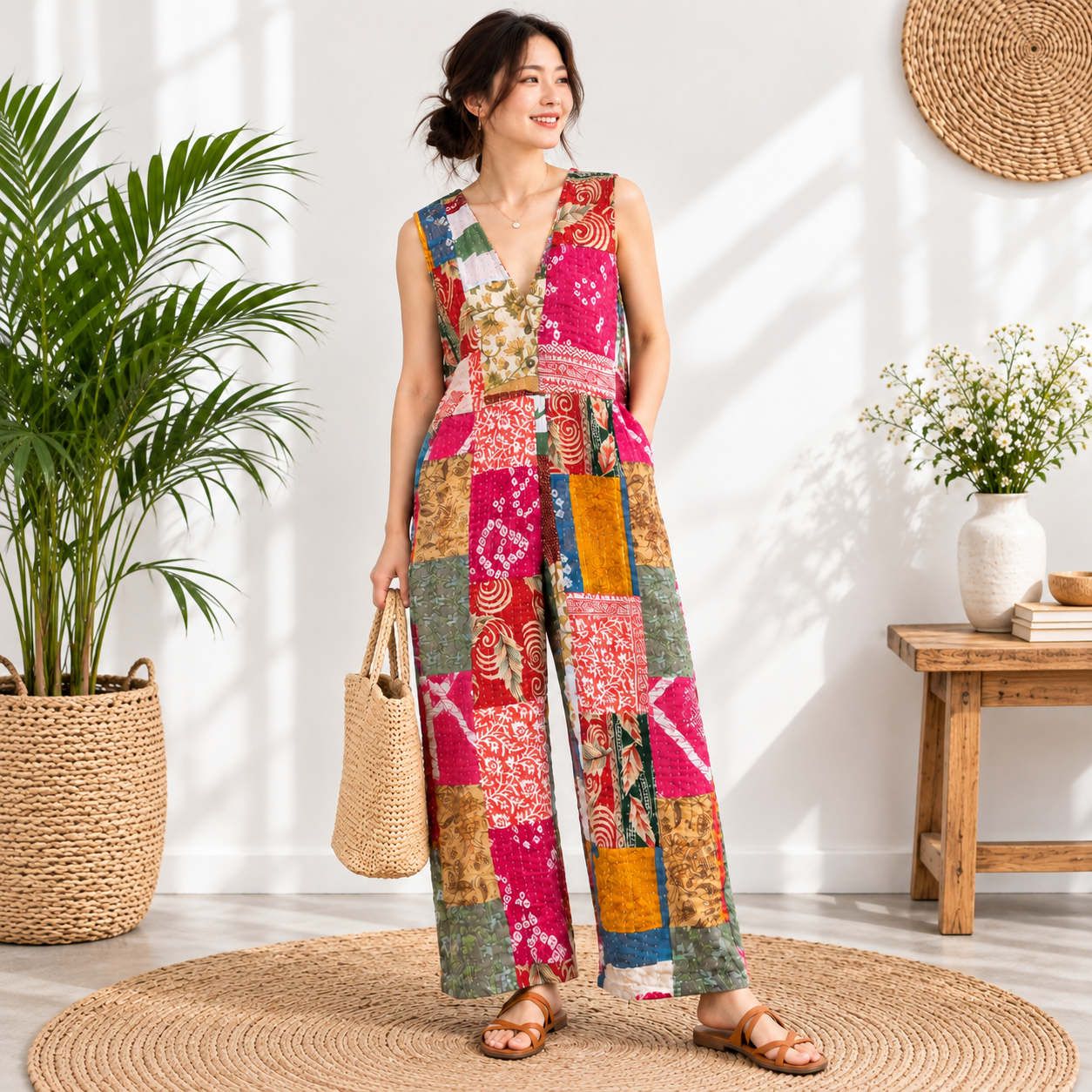 Kantha Patchwork Jumpsuit – Handmade Cotton Wide Leg Boho Jumpsuit