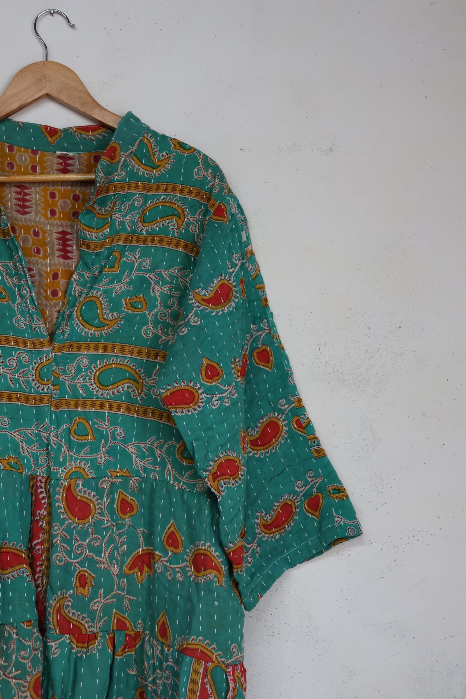 Vintage Green Kantha Gypsy Loose Fit Dress – Handmade Cotton Patchwork Boho Maxi Dress - Image 5