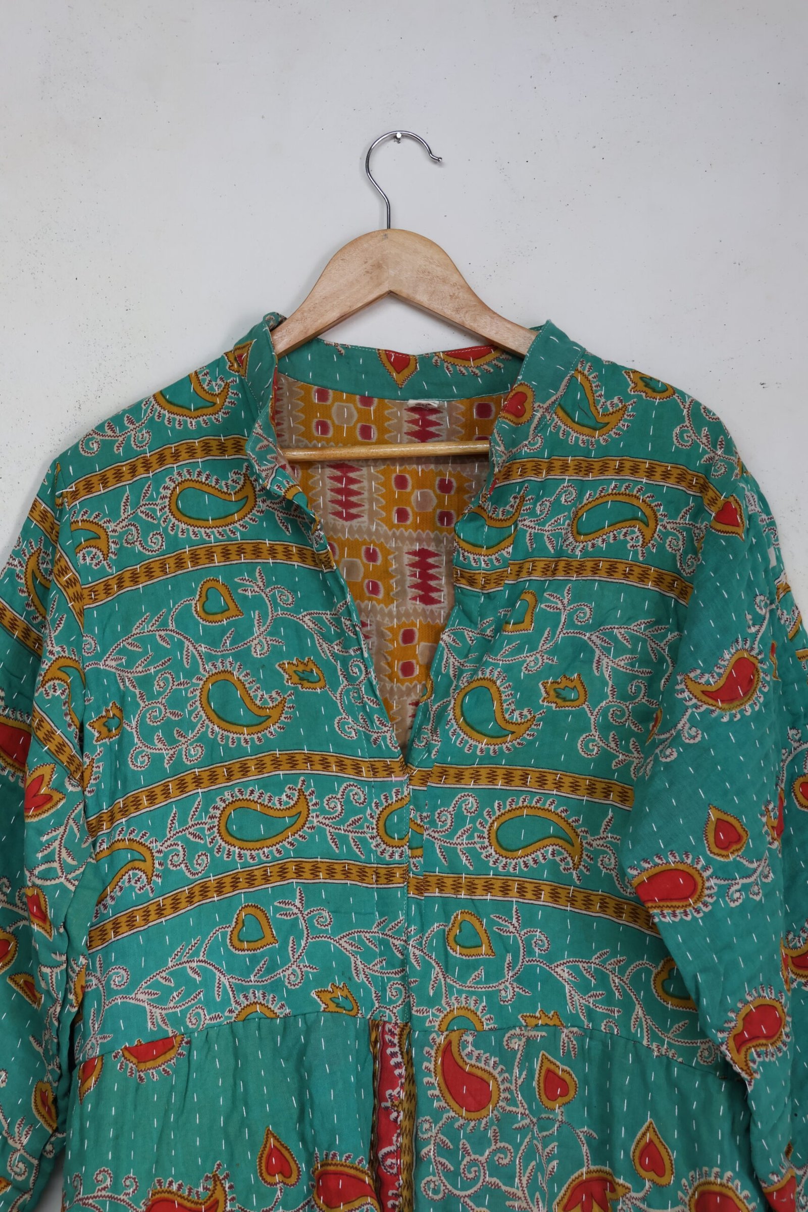 Vintage Green Kantha Gypsy Loose Fit Dress – Handmade Cotton Patchwork Boho Maxi Dress - Image 4