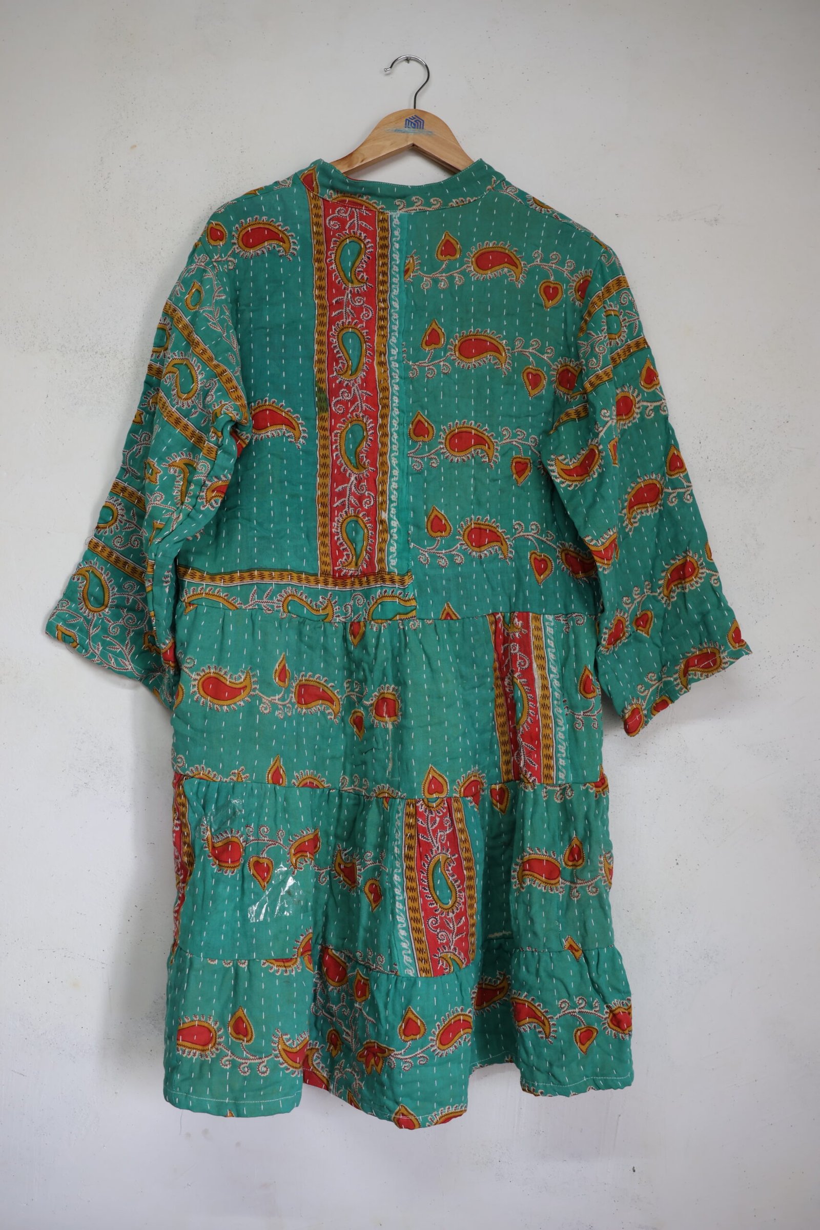 Vintage Green Kantha Gypsy Loose Fit Dress – Handmade Cotton Patchwork Boho Maxi Dress - Image 3