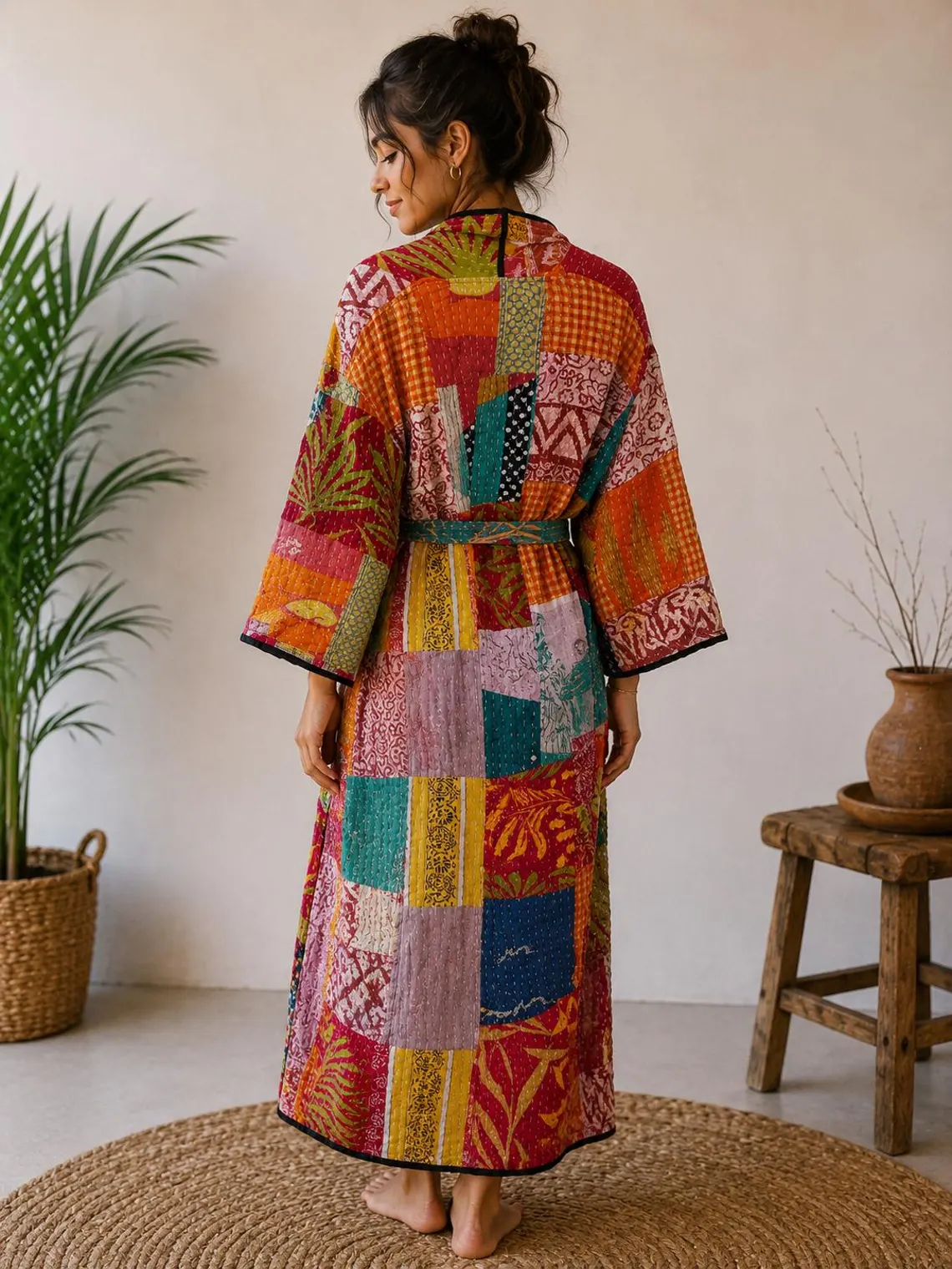 Patchwork Kantha Kimono – Colorful Boho Cotton Robe - Image 3