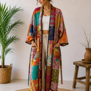 Patchwork Kantha Kimono – Colorful Boho Cotton Robe