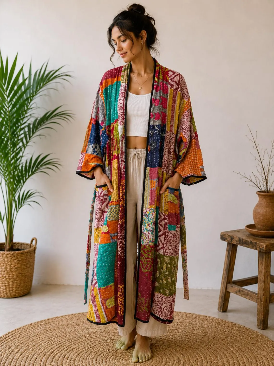 Patchwork Kantha Kimono – Colorful Boho Cotton Robe