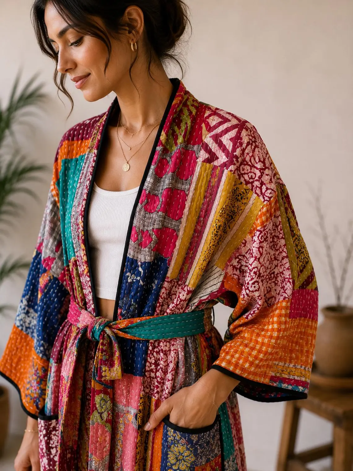 Patchwork Kantha Kimono – Colorful Boho Cotton Robe - Image 4